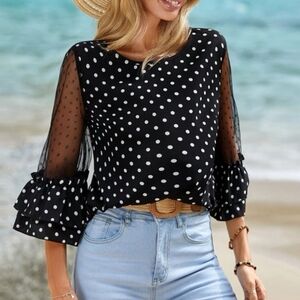 New Chic Sheer Layered Polka Dot Sleeve Top Blouse Black White